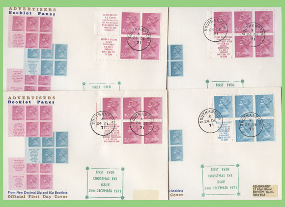 G.B. 1971 Christmas Eve, four booklet pane First Day Covers, Southampton