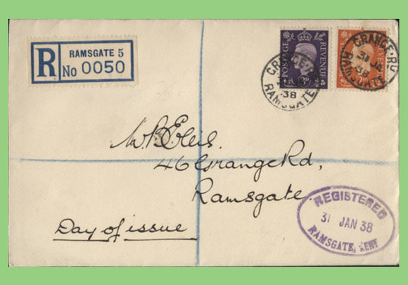 G.B. 1938 KGVI 2d and 3d definitives on plain registered First Day Cover, Ramsgate
