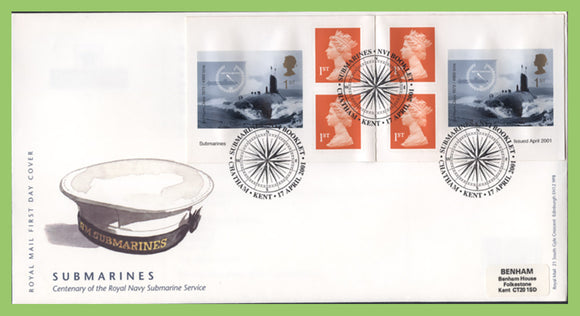 G.B. 2001 Submarines booklet stamps Royal Mail First Day Cover, Chatham Kent