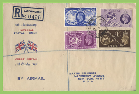 G.B. 1949 U.P.U. set on registered illustrated First Day Cover, Latchingdon, Chelmsford