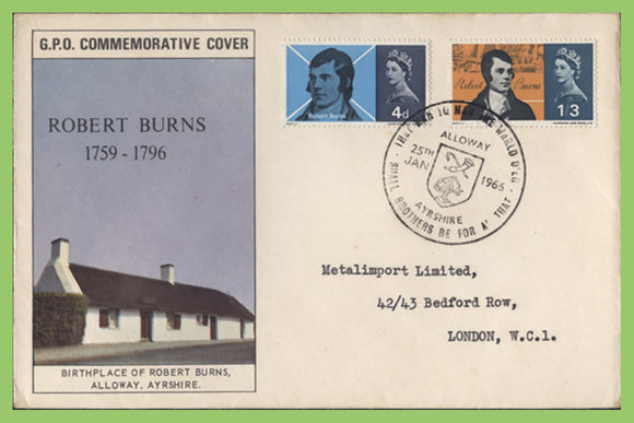 G.B. 1966 Robert Burns set on GPO First Day Cover, Alloway H/S (Lg)