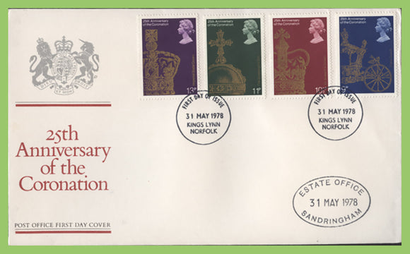 G.B. 1978 Coronation Anniversary set on Post Office First Day Cover, Kings Lynn, with Sandringham Cachet