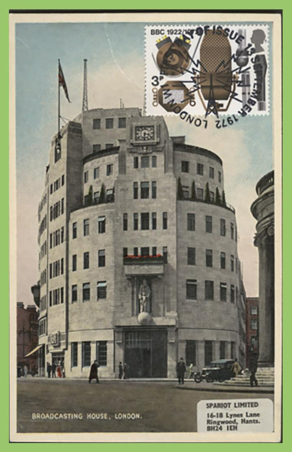G.B. 1972 BBC Anniversary 3p on ' Broadcasting House' postcard, First Day of Iss