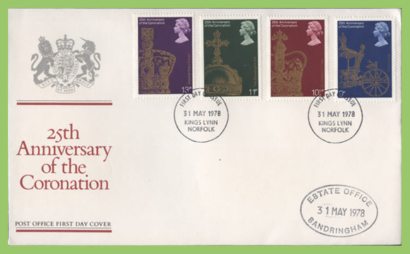 G.B. 1978 Coronation Anniversary set on Post Office First Day Cover, Kings Lynn