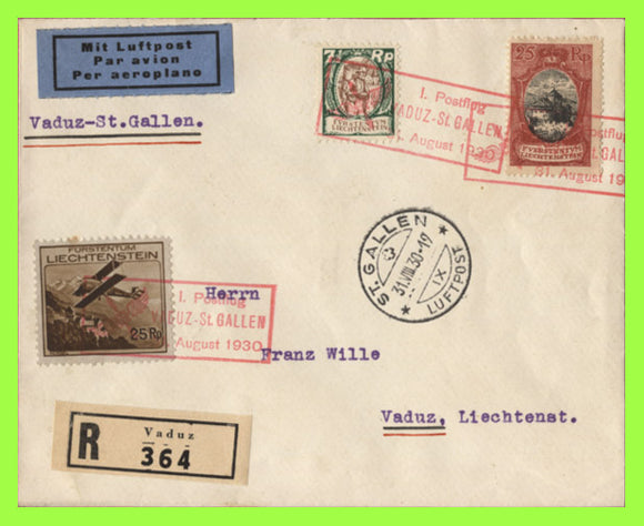 Liechtenstein 1930 Vaduz to St Gallen registered Flight Cover, red flight cancel