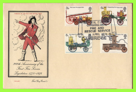 G.B. 1974 Fire Service set on Philart First Day Cover, Cambridge