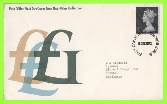 G.B. 1972 £1.00 Redrawn definitive Royal Mail First Day Cover, Windsor (lg)