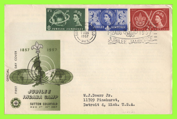 G.B. 1957 Scouts set on official 'Indaba Camp' First Day Cover, Sutton Coldfield slogan