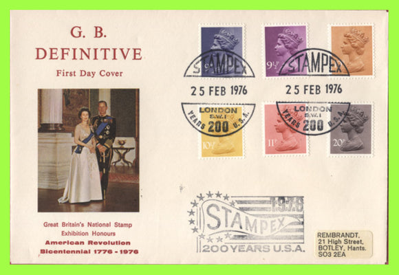 G.B. 1976 Definitive 6 values First Day Cover, Stampex cachet and cancel
