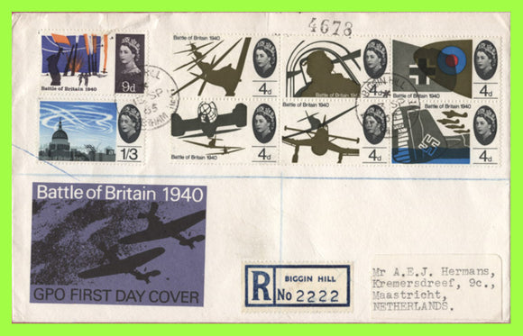 G.B. 1965 Battle of Britain Ord on registered First Day Cover, Biggin Hill, single ring cds