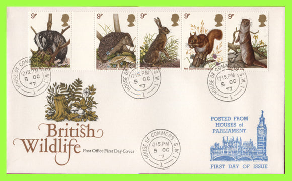 G.B. 1977 British Wildlife set on Post Office First Day Cover, House of Commons + Cachet