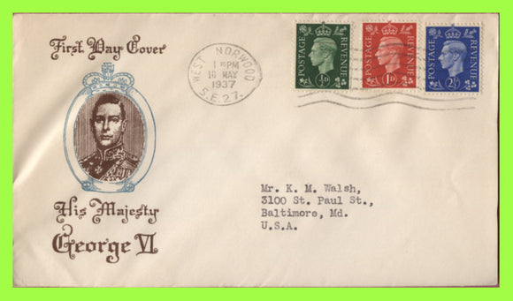 G.B. 1937 KGVI ½d, 1d & 2½d on illustrated First Day Cover, West Norwood