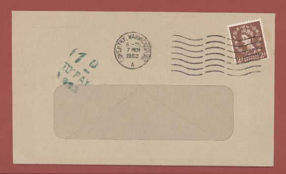 G.B. 1962 QWII 2d on window envelope with postage due cancel in green