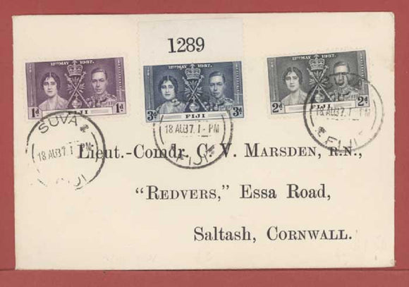 Fiji 1937 Coronation set on cover to England