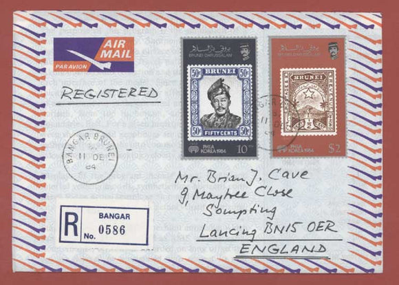 Brunei 1984 $2 & 10s Stamp Exhibition on registered Bangar airmail cover to England
