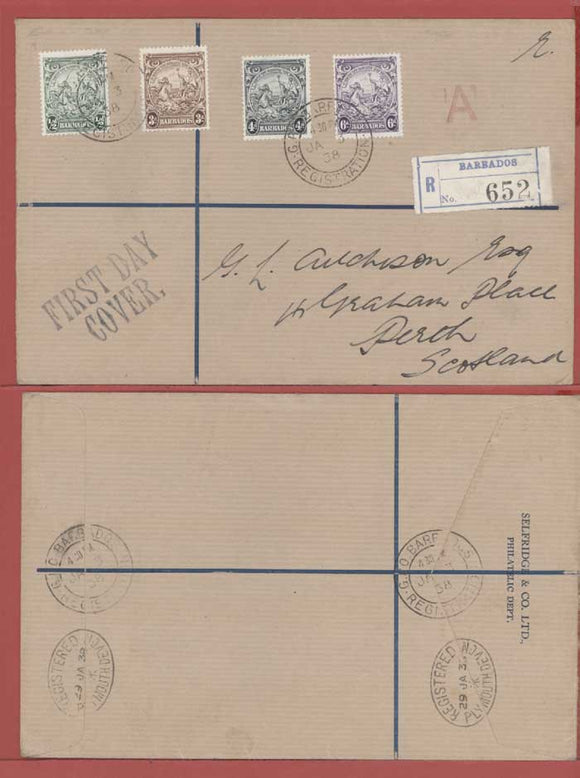 Barbados 1938 KGVI ½d, 3d,4d and 6d on registered First Day Cover