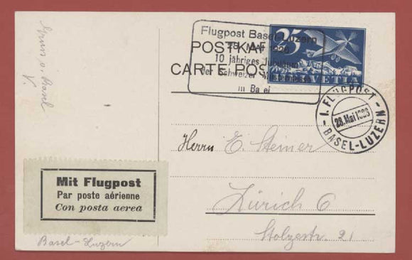 Switzerland 1925 25c air on Flight Card, Basel - Luzern