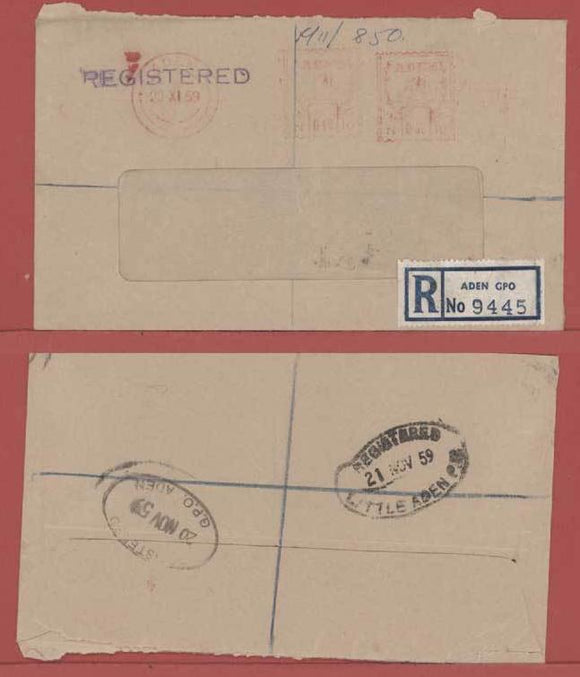 Aden 1959 registered window envelope with meter cancel