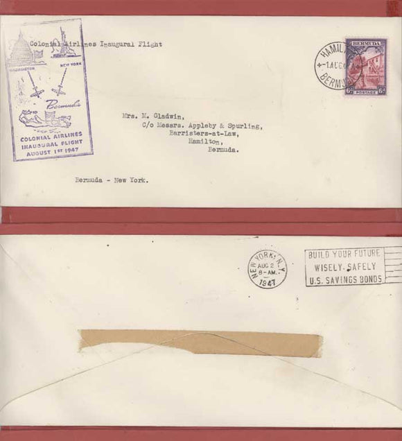 Bermuda 1947 Colonial Airlines Inaugural Flight cover with cachet, Bermuda - New York