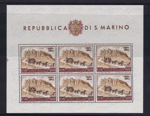 San Marino 1949 75th Anniv of U.P.U , Mail Coach & Mt Titano 6x300l miniature sheet